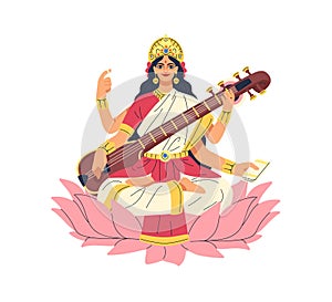 Saraswati, Indian goddess sitting on lotus flower with veena. Saraswathi, female deity from India playing music. Ancient