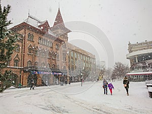Saratov State Conservatoire. Was opened in 1912. Russia. Winter day. Snowfall