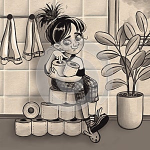 Sarcastic illustration with cartoon girl storing tissue toilet paper during Coronavirus outbreak