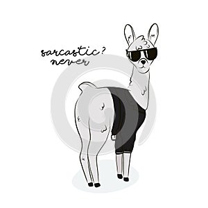 Sarcastic llama illustration. Modern alpaca in sunglesses, bomber with funny text drawing. Scandinavian style childish print photo