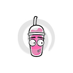Sarcastic o mouth expression of cup takeaway drink character mascot emoji in pink color drink cartoon style illustration