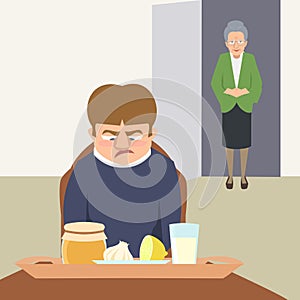 Sarcastic person looking at grandma`s remedies tray vector