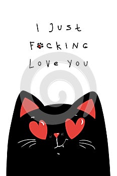 Sarcastic Valentine s day greeting card with black cat. Happy valentines day. Vector illustration EPS 10