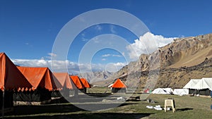 Sarchu Camping Tents in the middle of snow mountain range in northern of India