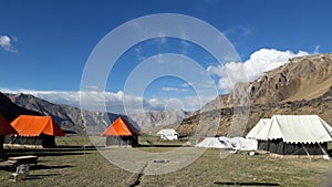 Sarchu Campting Tents in the middle of snow mountain range in northern of India