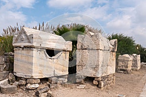 sarcophagus in Al-Bass Tyre necropolis. Roman remains in Tyre. Tyre is an ancient Phoenician city in Lebanon