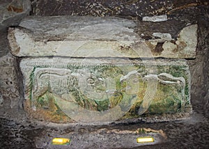 Sarcophagus in the inner room of the necropolis in the Bet She`arim National Park in the Kiriyat Tivon city in Israel