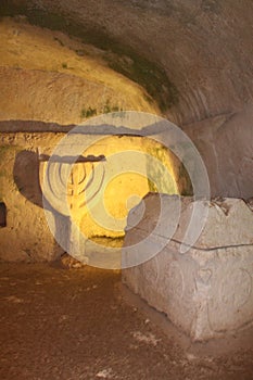 Sarcophagus and Menorah at Beit Shearim, northern Israel