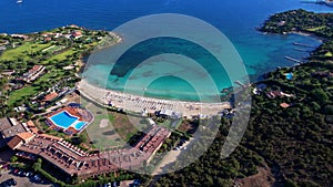 Sardegna island best beaches of Costa Smeralda, aerial drone video of Ira beach. Italy