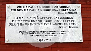 Sardegna, Italy- juni 25, 2021: a plaque with sentences said by two Italian judges who were investigating the mafia.