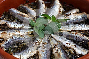 Sardines baked in a terracotta bowl