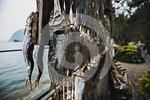 Sardines hang in the dryer, on the shore of Lake Iseo