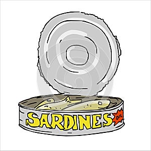 sardines in a round jar and packaged fish paste. Vector seafood, protein cooked foods.