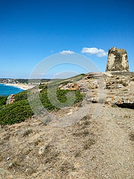 Sardinia. Arbus. Panorama with the Spanish coastal Watchtower of Flumentorgiu, near Torre dei Corsari beach and Dunes of Pistis