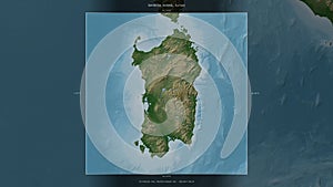 Sardinia Island, Italy, highlighted and labelled. Physical photo