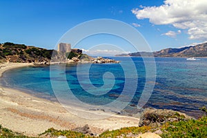 Sardinia, Italy, holidays. Fortezza Vecchio beach with crystal clear blue water in Villasimius.