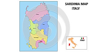 Sardinia Map. State and district map of Sardinia. Political map of Sardinia with neighboring countries and borders