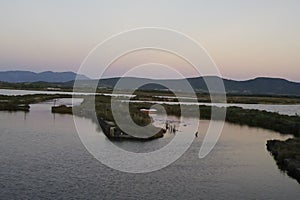 Sardinia. Natural environments. Coastal pond of Porto Botte at twilight 