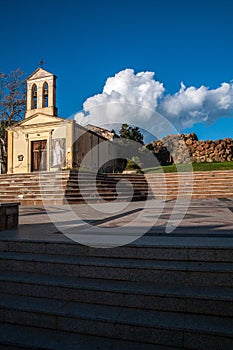 Sardinia. Sant`Anna Arresi. Piazza del Nuraghe. Old Church of Sant`Anna and Nuraghe Arresi