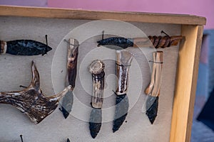 Sardinian typical obsidian knives. Sardinian `Leppa` made with traditional obsidian