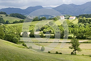 Sare, France in Basque Country on Spanish-French border, is a hilltop 17th century village surrounded by farm fields and mount