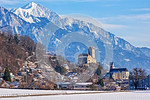 Sargans town and historical castle in Alps mountains, Switzerland