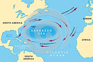 Sargasso Sea, ocean gyre and region of the Atlantic Ocean, map