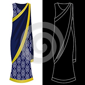 Sari dress image with white outline silhouette on black