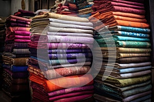sari fabric folded and stacked in a textile shop