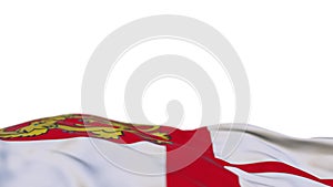 Sark fabric flag waving on the wind loop. Sarki embroidery stiched cloth banner swaying on the breeze. Half-filled white