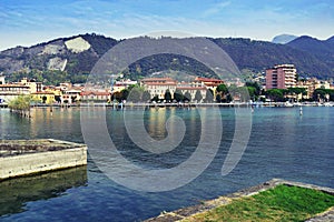 Sarnico town seen from the opposite shore of Lake Iseo, Paratico town. photo