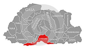 Sarpang red highlighted in map of Bhutan