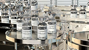 Sars-cov-2 coronavirus vaccine on a production line in a pharmaceutical factory