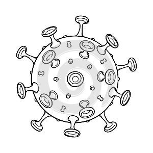 SARS-CoV-2 virion schematic representation. COVID-19 infectious agent. Black line drawing isolated on white background.