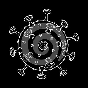 SARS-CoV-2 virion schematic representation. COVID-19 infectious agent. White line drawing isolated on black background.