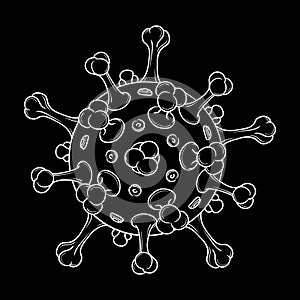 SARS-CoV-2 virion schematic representation. COVID-19 infectious agent. White line drawing isolated on white background.