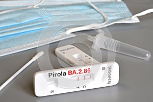 SARSâ€‘CoVâ€‘2 antigen test kit for self testing with positive result with text Pirola BA.2.86