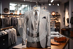 Sartorial Elegance Stylish Three-Piece Suit Display in a Luxury Men's Fashion Store