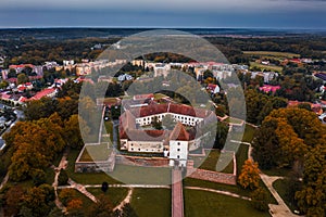 Sarvar, Hungary - Aerial view of the beautiful Castle of Sarvar Nadasdy castle on a calm autumn morning