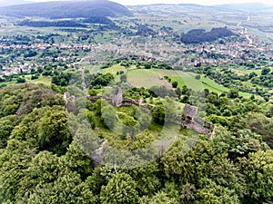 Saschiz medieval fortress in Transylvania, Romania. Aerial view