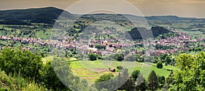 Saschiz village panorama. Old Saxon village in Transylvania