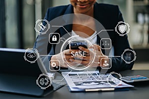 SASE Secure Access Service Edge concept Hand touching Secure Access Service Edge icon on virtual screen background, password,