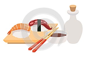 Sashimi and chopstick vector illustrations. Sushi and soy sauce vector. Seafood, fish fillet
