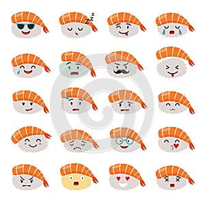 Sashimi emoji vector set. Emoji sushi with faces icons