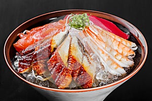 Sashimi japanese food, pieces of tuna, salmon, langoustine