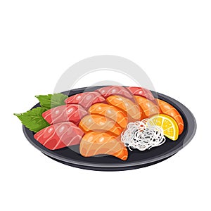 Sashimi, Japanese food, plate with salmon and tuna slices, pieces of raw fish and meat