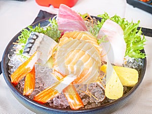 Sashimi mix consists of Salmon, Izumidai, Kanikama, Maguro, Shime-saba and Tamago