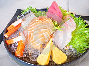 Sashimi mix consists of Salmon, Izumidai, Kanikama, Maguro, Shime-saba and Tamago