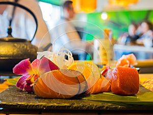 Sashimi mix types of fish on stone plate