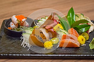 Sashimi Moriawase 5 types Salmon, maguro, tako, tai, shime saba